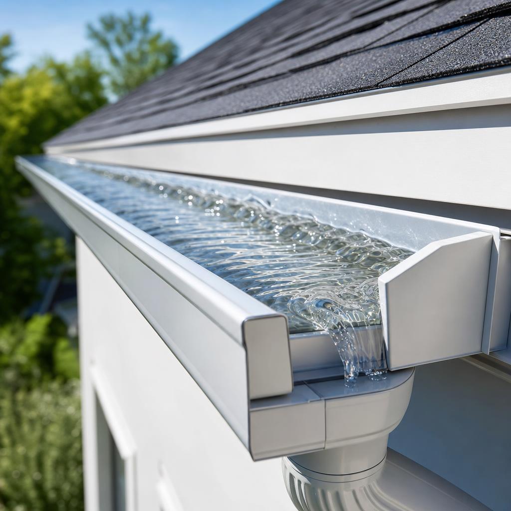 Cleared commercial gutter channel beside a metal roof