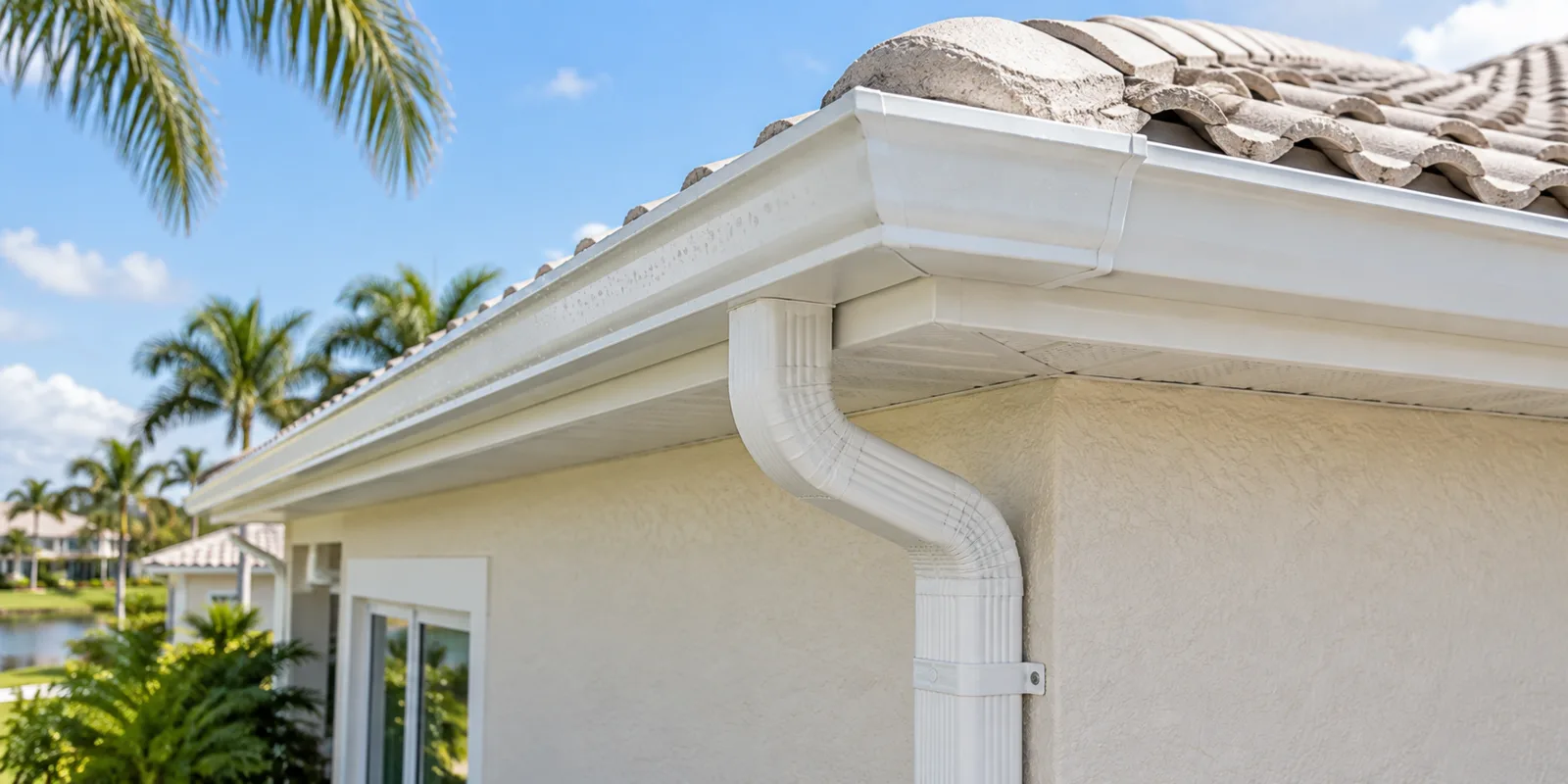 White seamless gutter and downspout installed on a Southwest Florida home