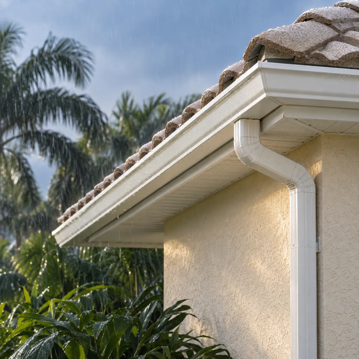 White seamless gutter and downspout carrying rainwater on a Southwest Florida home