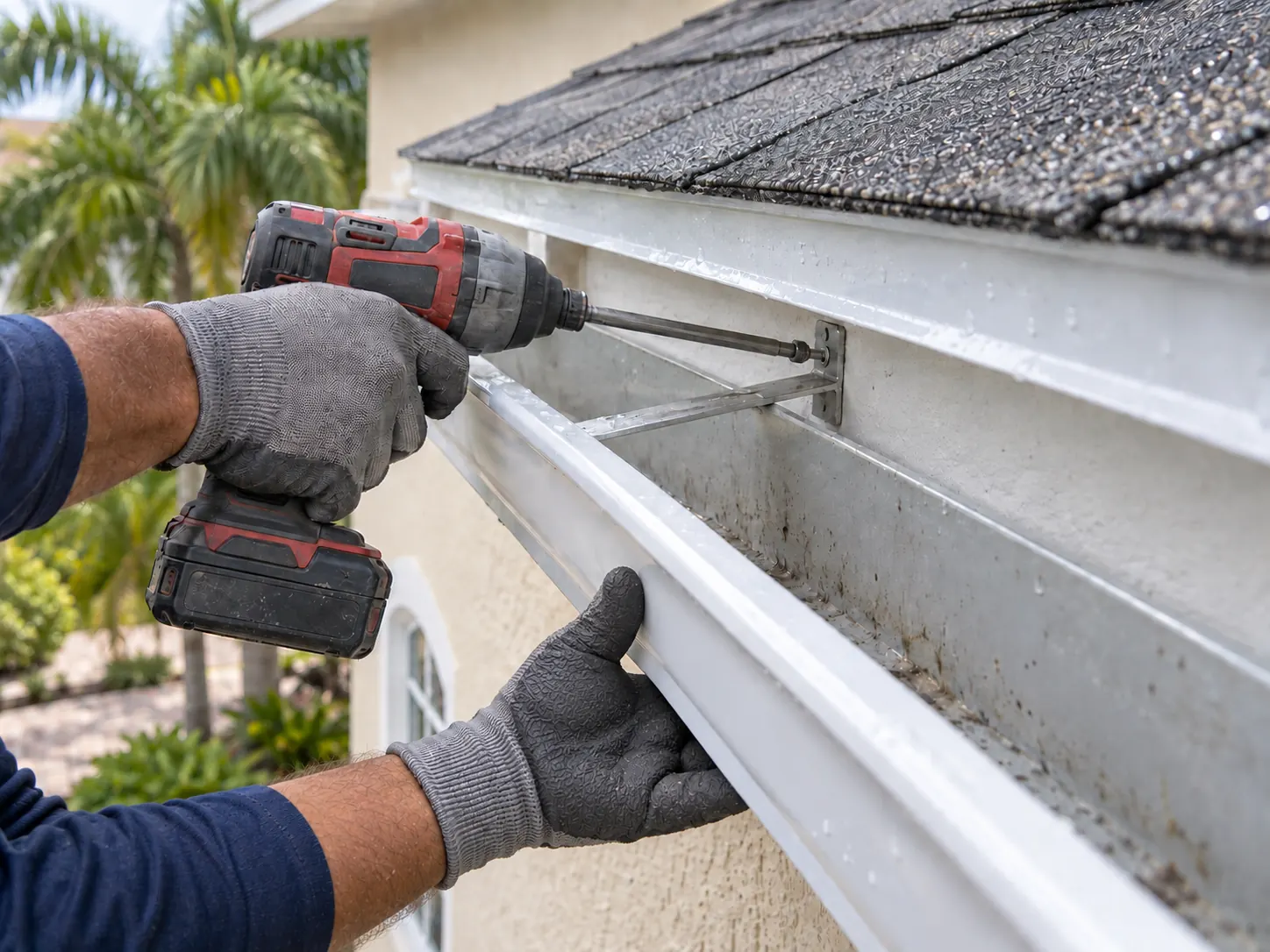 A professional securing a residential seamless gutter hanger